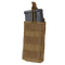 The Condor Single M4/M16 Open-Top Mag Pouch in tan holds two black rifle magazines, features front MOLLE webbing, and has a securing strap at the top.